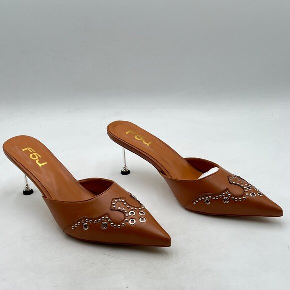 FSJ Sandy Brown Gorgeous Studded Pointed Toe Mules Stiletto Heel Slip On Shoes - Picture 4 of 8